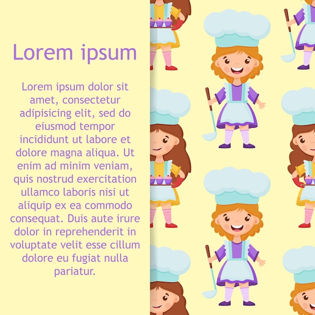 Seamless pattern girl Chef with Ladle saucepan and cute little girl chef holds a cupcakes