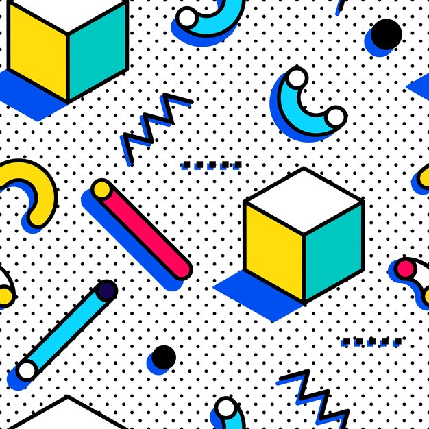Seamless pattern in Memphis style with colorful geometric elements