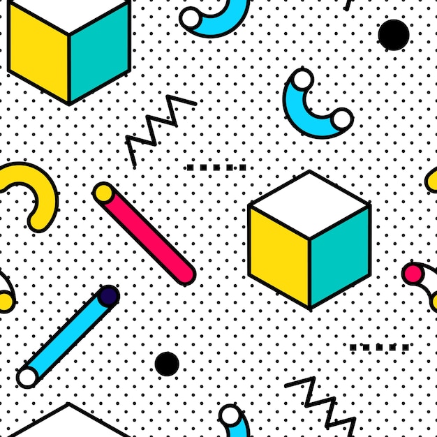 Seamless pattern in Memphis style with colorful geometric elements