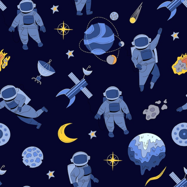 Seamless pattern of an astronaut planets galaxy asteroids stars moon shuttle space station