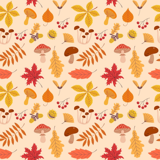 seamless pattern of autumn plant elements vector illustration of fruits mushrooms and leaves in autumn colours