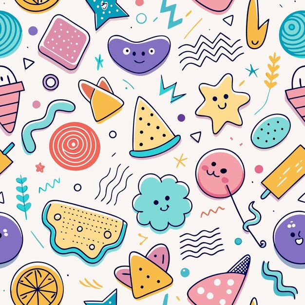 Seamless pattern of colorful cartoon objects and shapes on white background