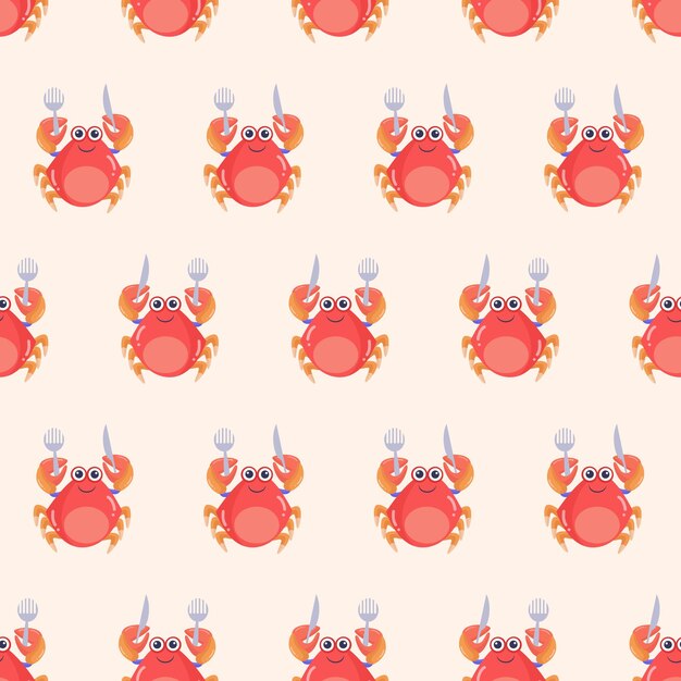 seamless pattern of cute red crab with fork and knife premium vector