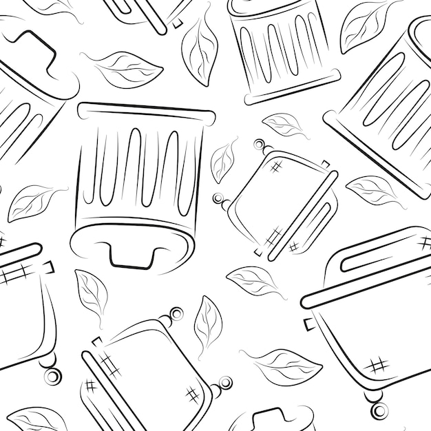 seamless pattern of icons of various street garbage cans drawn in line art style