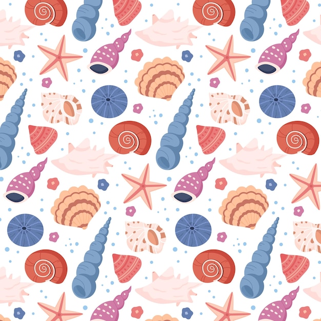 seamless pattern of sea shells clam starfish on a white background