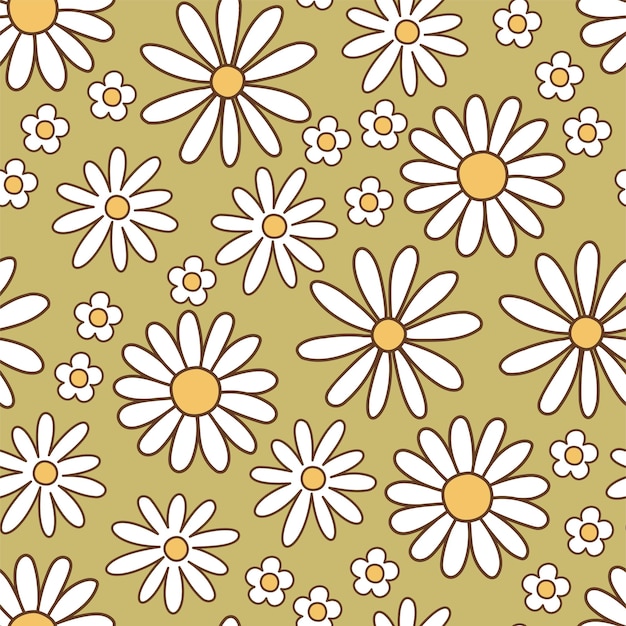 Seamless pattern retro 1970s hippie Background with colorful flower chamomile in vintage style Illustration with positive symbols for wallpaper fabric textiles Vector
