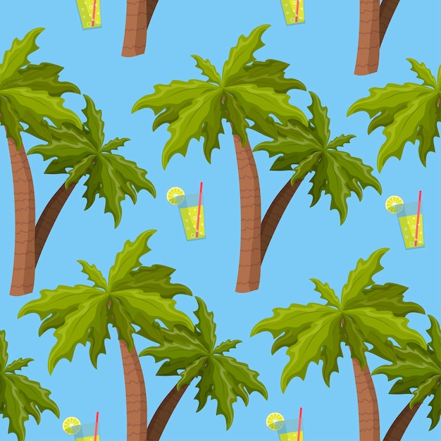 Seamless pattern summer beach palm trees lemonade Vector pattern summer time