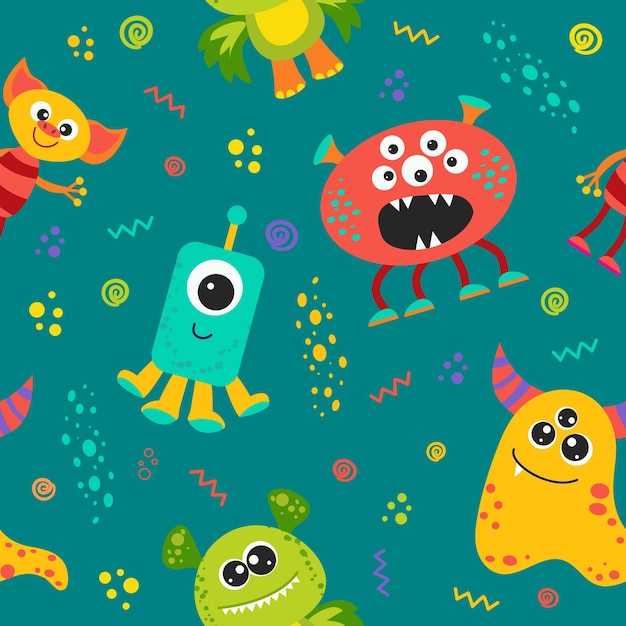 seamless pattern with aliens and space monsters planets rockets in cartoon style vector image