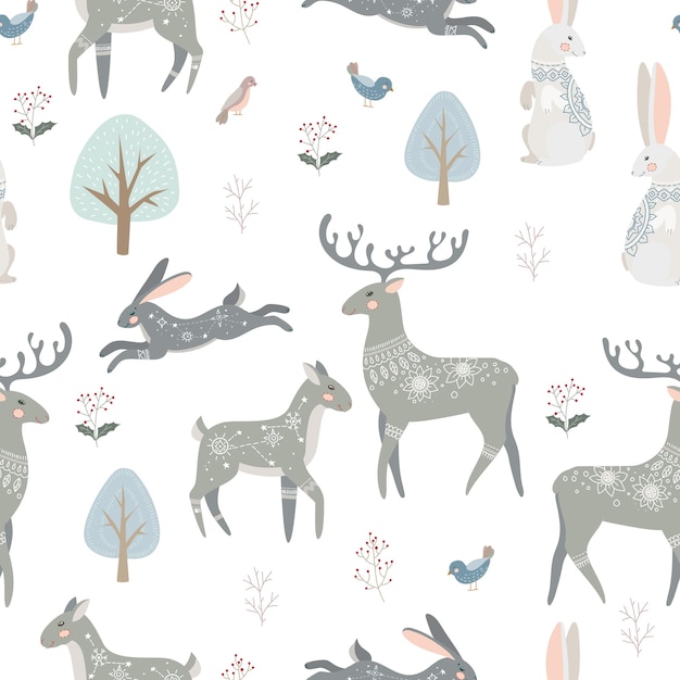 seamless pattern with animals and plants in boho or scandinavian style. christmas items with winter elements and holiday wishes. winter vector illustration isolated on white background.