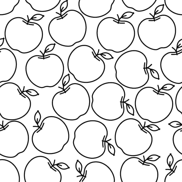 Seamless pattern with apples only black outline vector illustration
