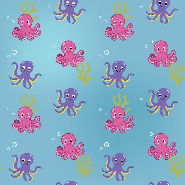seamless pattern with baby octopus cute marine animals colorful background with underwater character