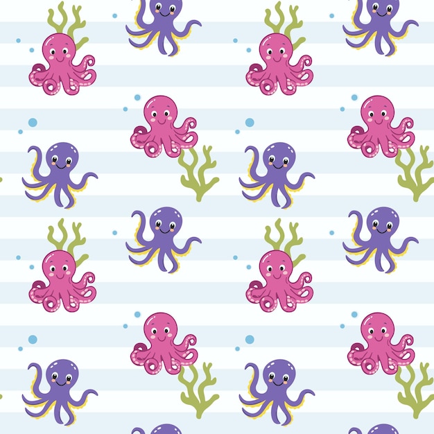 seamless pattern with baby octopus cute marine animals colorful background with underwater characters