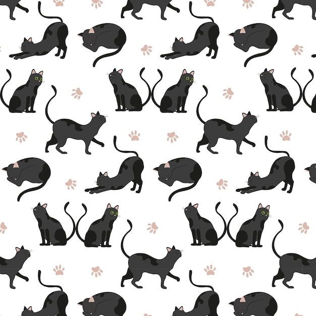 seamless pattern with black cat flat cartoon cat sits stands and arched its back color vector