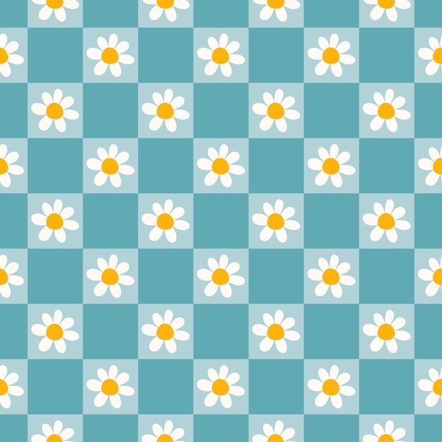 Seamless pattern with blue checkerboard and daisies.
