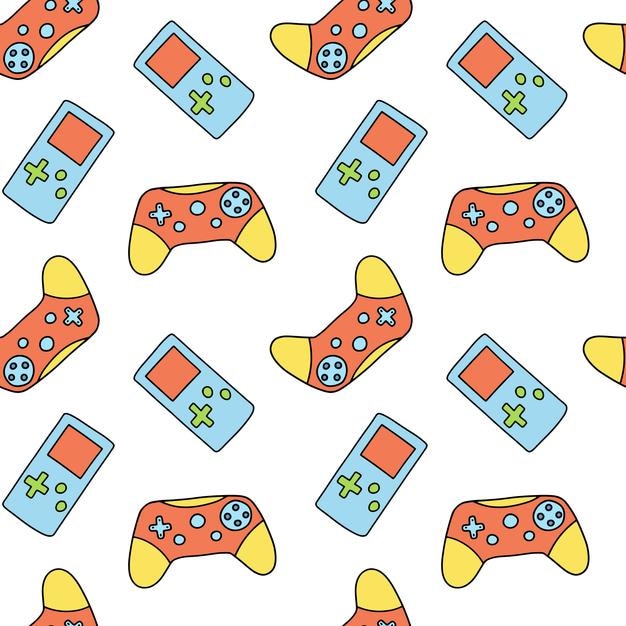 seamless pattern with cartoon joystick and gamepad electronic game on white