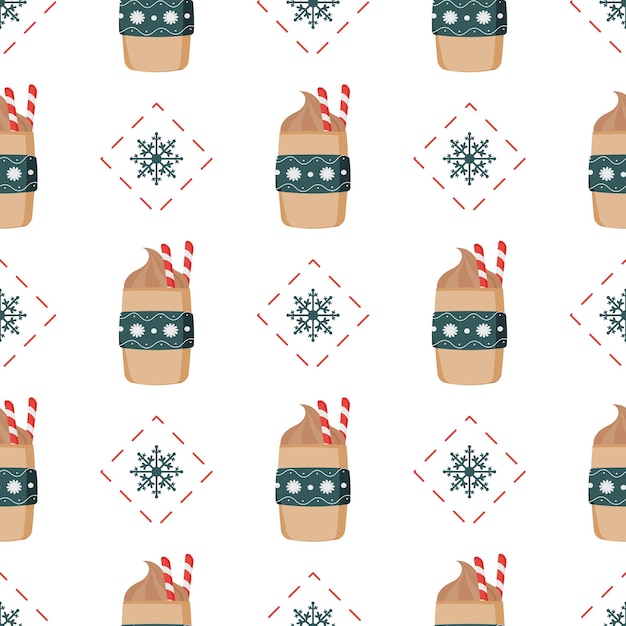 seamless pattern with christmas mug of hot drink. a mug of coffee, cappuccino or chocolate. suitable for backgrounds, cards, banners and prints. christmas and new year theme. vector.
