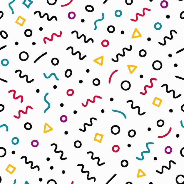 seamless pattern with colorful abstract shapes and lines on white background
