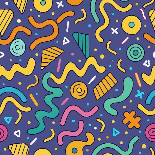 seamless pattern with colorful abstract shapes swirls and dots on a dark purple background