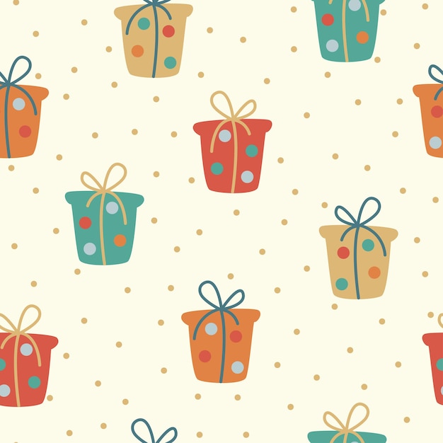 Seamless pattern with colorful gifts in random order on a light yellow background