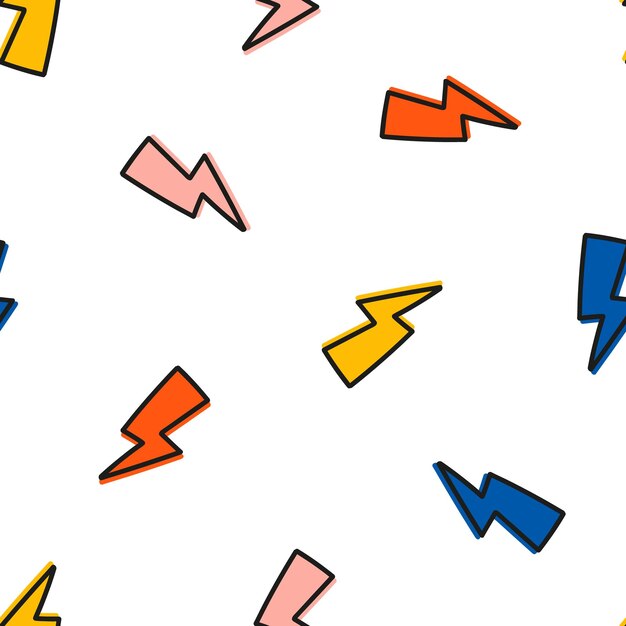 Seamless pattern with colorful lightning bolt with black outline