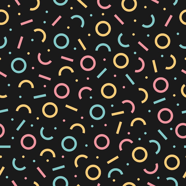 Seamless pattern with colorful memphis design and black background