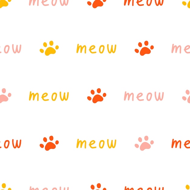 seamless pattern with colorful meow text and paws