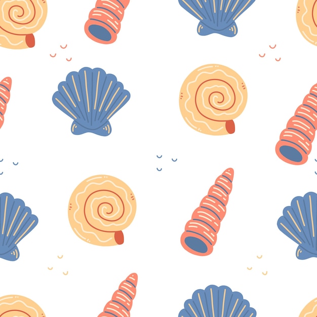 Seamless pattern with cute cartoon seashells on a white background Vector illustration background