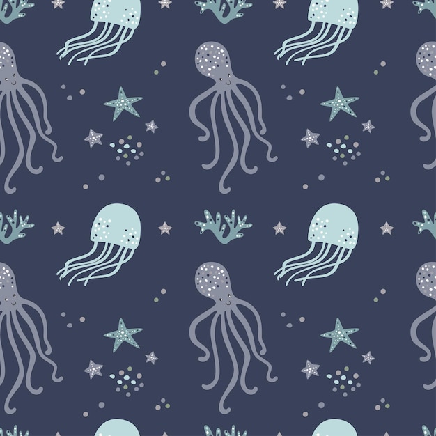 seamless pattern with cute octopus and starfishes.