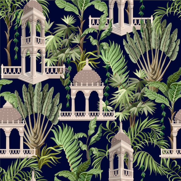 Seamless pattern with jungle trees and ancient arbor vector