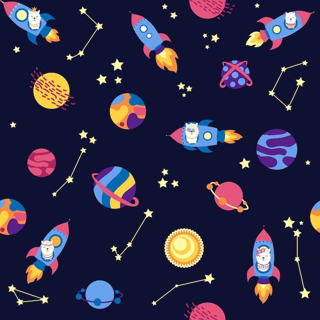 seamless pattern with lama in a rocket in space lama travels adventures among the stars cute pattern with alpaca