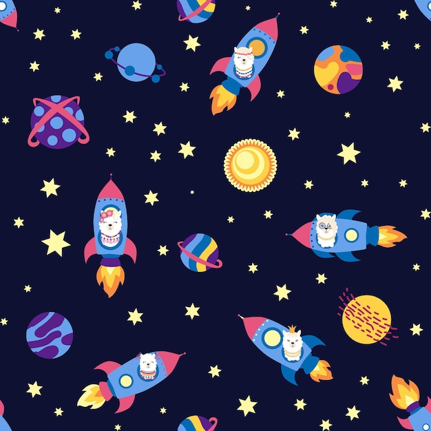 seamless pattern with lama in a rocket in space lama travels adventures among the stars cute pattern with alpaca
