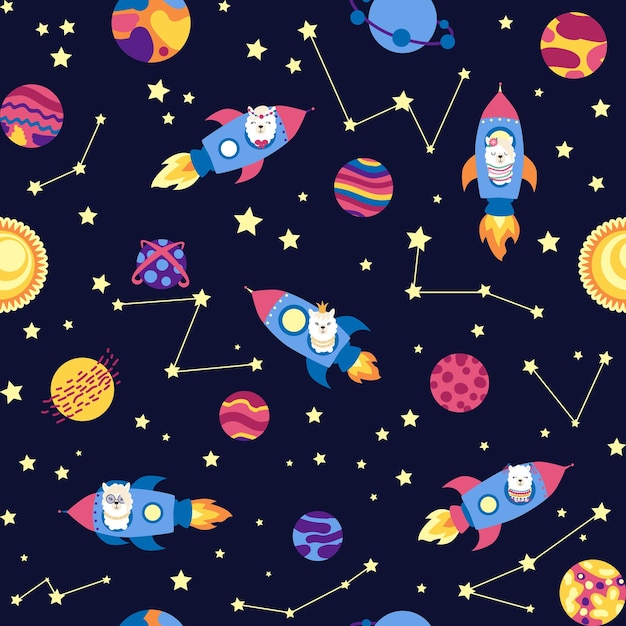 seamless pattern with lama in a rocket in space lama travels adventures among the stars cute pattern with alpaca