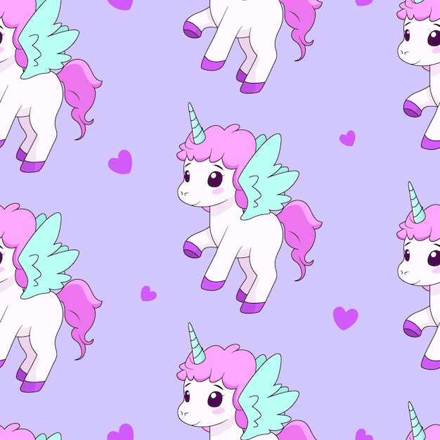 seamless pattern with magic unicorns on violet backdrop vector tile with cartoon character
