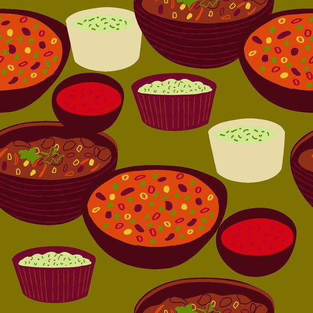 Seamless pattern with Mexican food Chili Con Carne Guacamole Salsa roja sauce illustration