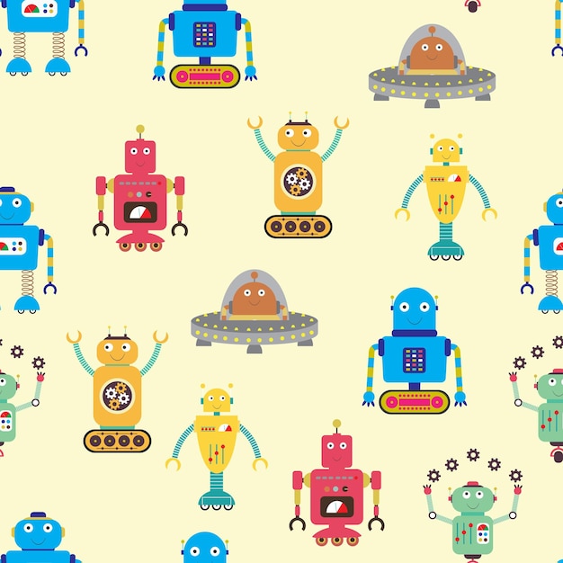 Seamless pattern with robots funny cartoon vector illustration