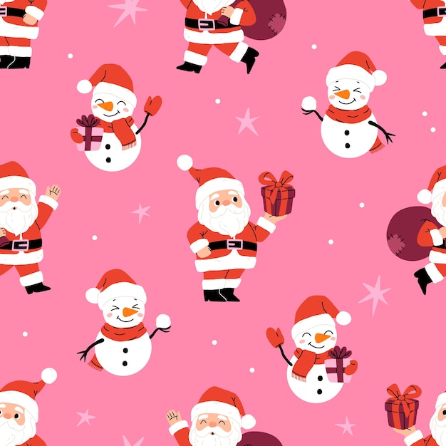 Seamless pattern with Santa Claus with bag of presents snowman and gifts Suitable for design of cards banners stickers etc