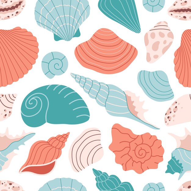 Seamless pattern with sea shells mollusks sea snails Summer seamless pattern