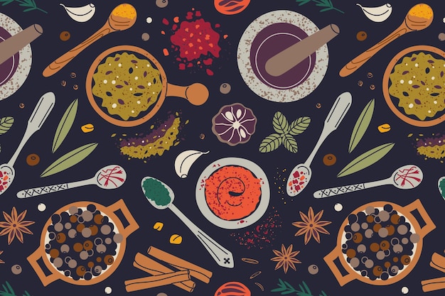 Seamless pattern with spices and herbs on dark background black pepper allspice black lime herbs