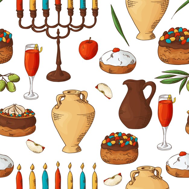 seamless pattern with traditional hand drawn elements happy hanukkah sketch objects vector illustartion