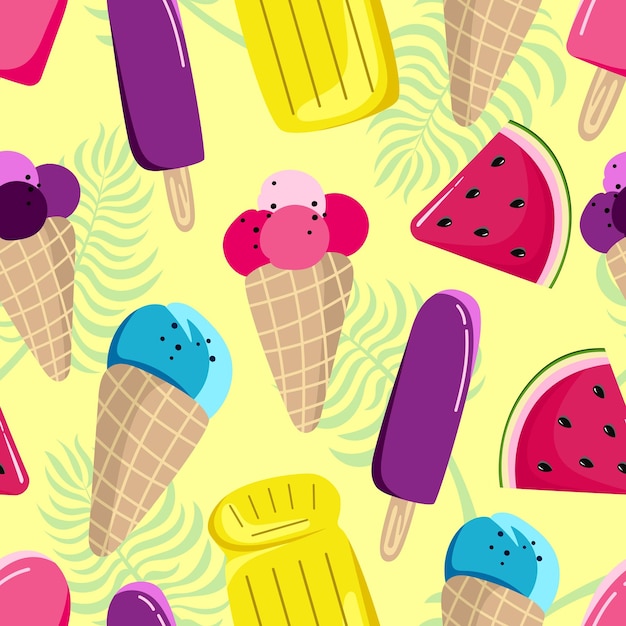 Seamless summer pattern with watermelon ice cream on a yellow background for printing fabric paper