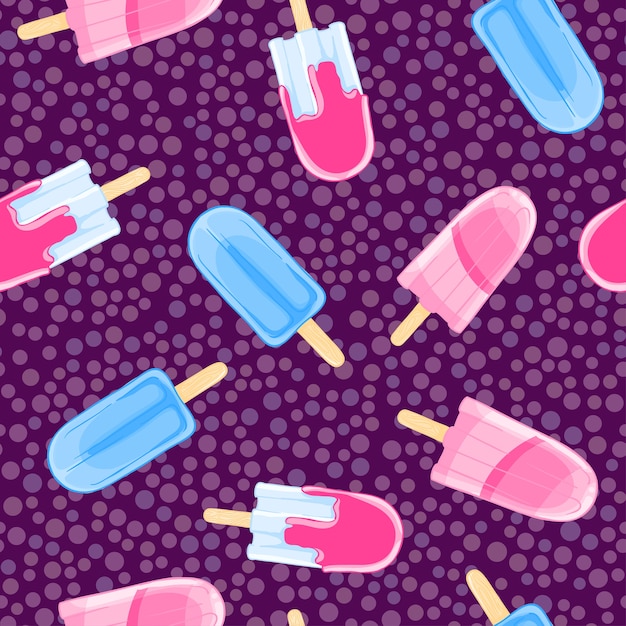 Seamless sweet pattern with popsicles in cartoon style on polka dot background.