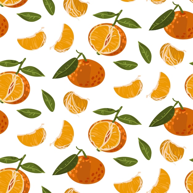 seamless tangerine pattern with leaves vector fruit ornament the texture of citrus fruits leaves