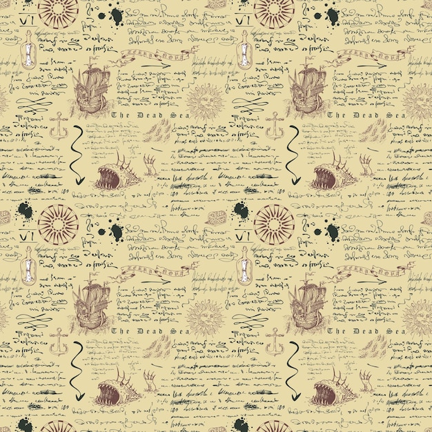 seamless texture for printing on fabric and paper in the style of a medieval marine record, sketch