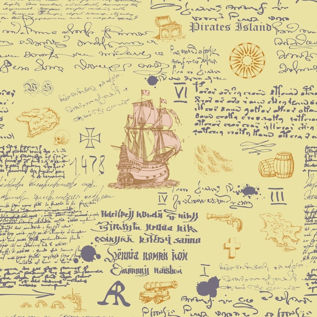 seamless texture in the style of a medieval nautical record of the captains diary engraving sketch