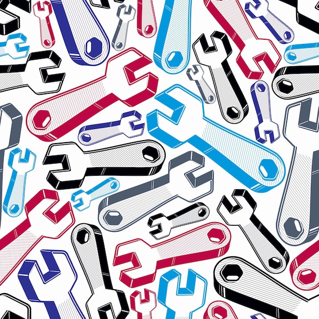 Seamless vector background with detailed 3d wrenches. Work tools, three-dimensional spanners. Repair instruments backdrop, for use in design and as wrapping paper.