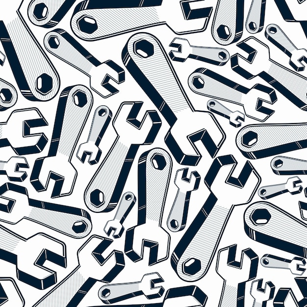 Seamless vector background with detailed 3d wrenches. Work tools, three-dimensional spanners. Repair instruments backdrop, for use in design and as wrapping paper.