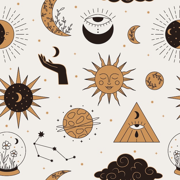 Seamless vector pattern with celectial elements in black and gold colors Vintage boho space texture