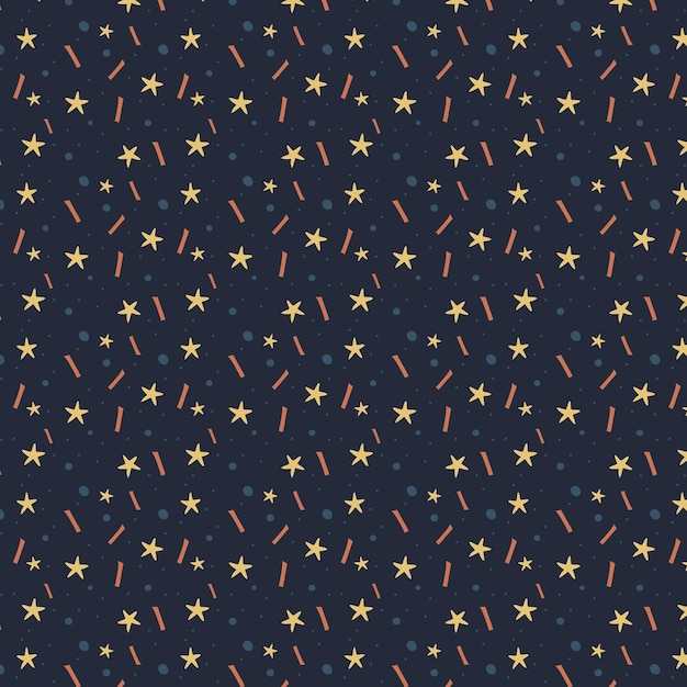 Seamless vector pattern with colored stars of various sizes on dark blue background. Festive or party pattern. Childish background for postcards, wallpaper, papers, textiles, bed linen, tissue