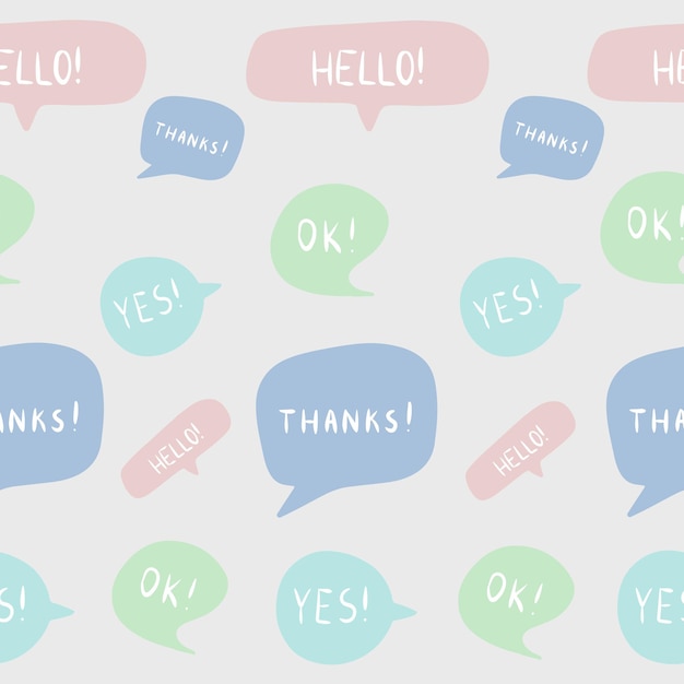 Seamless vector pattern with colorful speech bubbles and phrases.