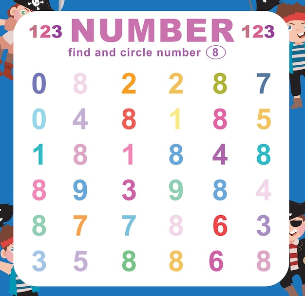 Search and circle number on the worksheet. Exercise for children to recognize number. Vector file